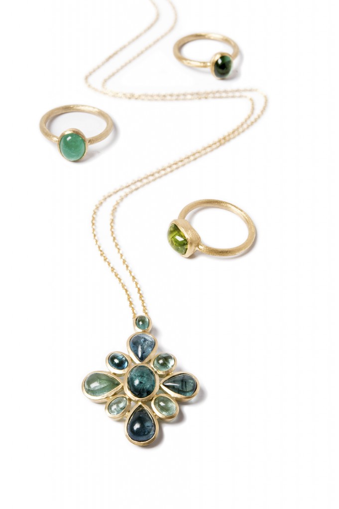Tourmaline Necklace and Emerald and Peridot Rings