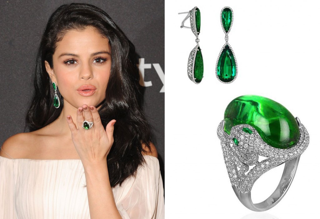 Selena Gomez Green Tourmaline Ring and Earrings