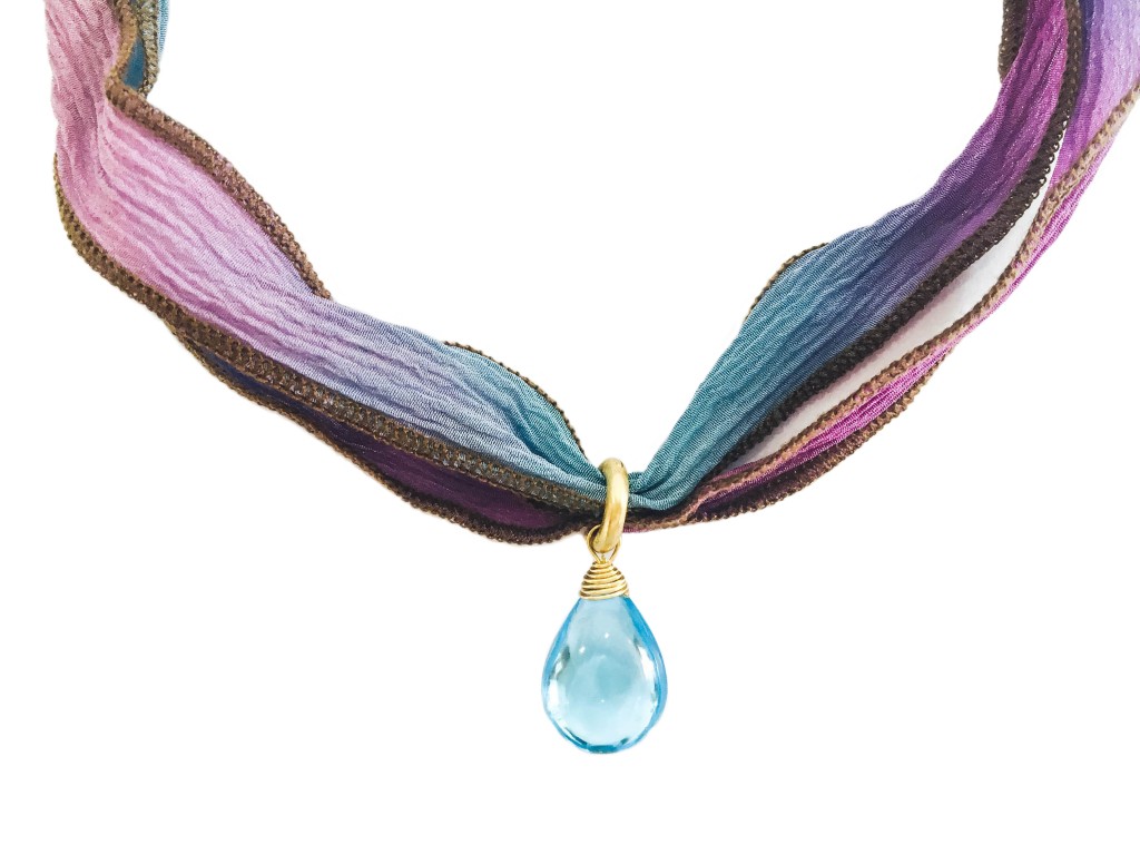 hand-painted silk choker with blue topaz charm