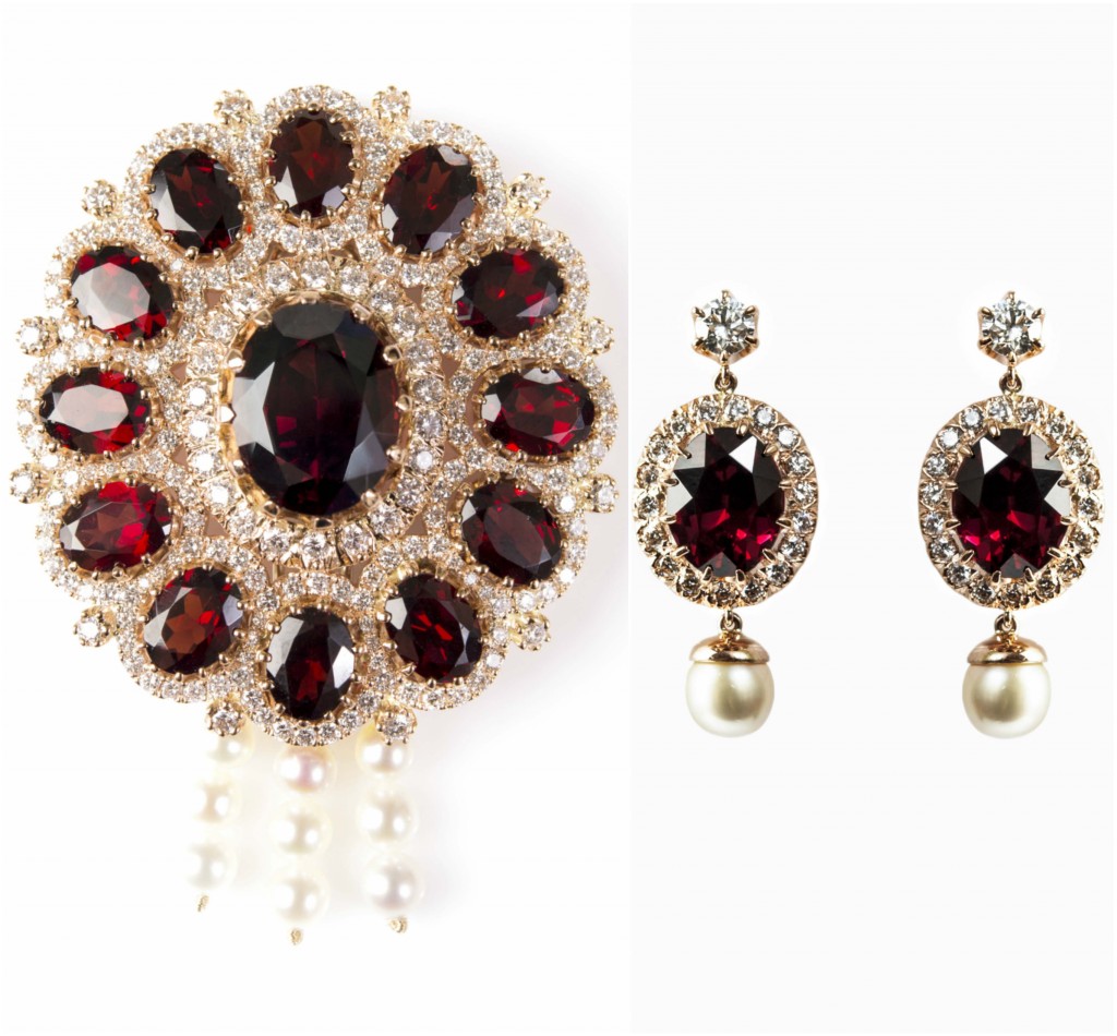 Garnet Diamonds and Pearls Brooch and Earrings Gemme Couture