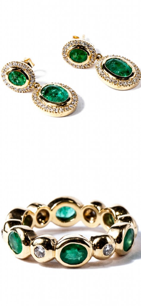 Emerald, diamond and gold earrings and ring from Gemme Couture