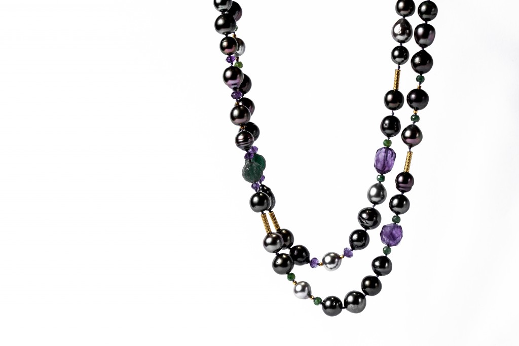 Tahiti Pearl Emerald Amethyst Carved Green Onyx and Gold Bead Necklace