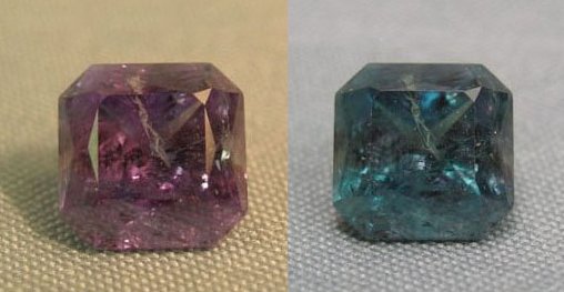 A natural alexandrite from the Ural Mountains of Russia. On the left, it shows a dark crimson tone in the evening, under incandescent light, on the right, it displays a pale green color in the daylight.