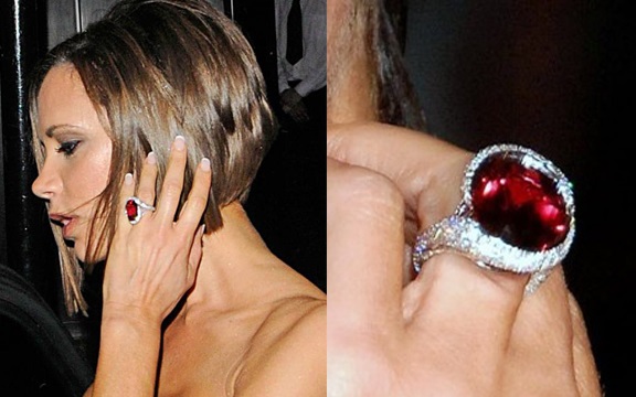 ruby jewelry: Victoria Beckham and her ruby engagement ring.