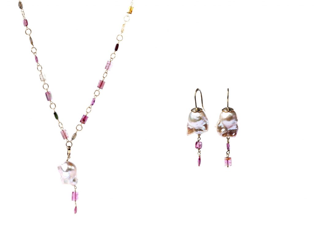 Gemme Couture Baroque Pearl Pink Tourmaline Necklace and earrings. Gemmes and the City Collection