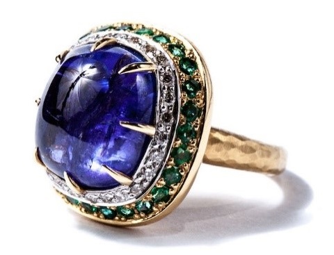 Gemme Couture jewelry – “Byzantine Times” Ring with Tanzanite Cabochon, Emerald and Diamonds
