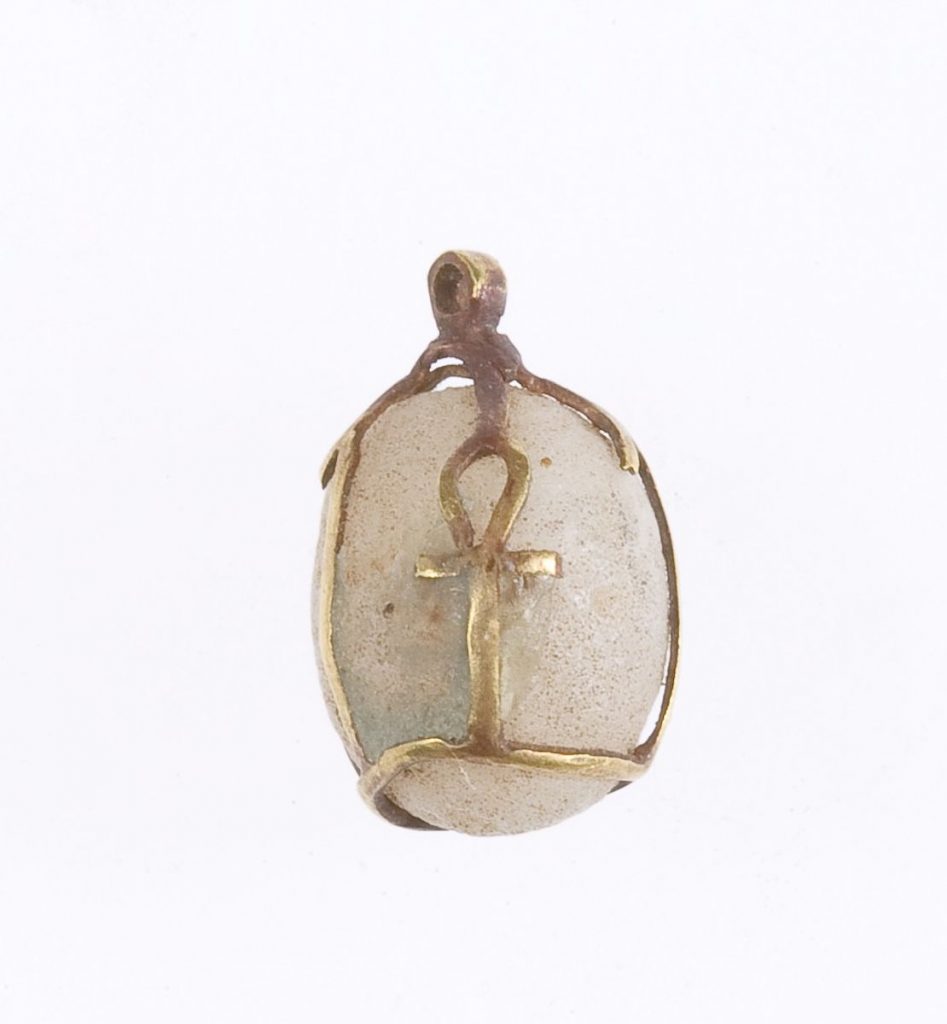 ncient Egyptian Jewelry Amulet with ankh from the Middle Kingdom made of gold and quartz