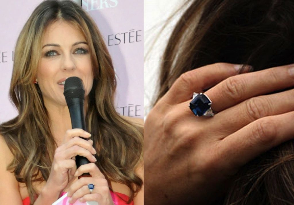 Elizabeth Hurley wearing 9-carat sapphire engagement ring Colored Gemstone Engagement Rings 